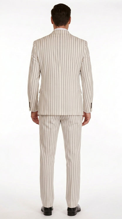 Men’s Off White Double Breasted Pinstripe Suit with Jacket and Pants, Formal Wedding Dress Suit