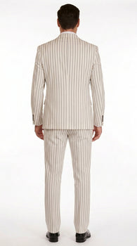 Men’s Off White Double Breasted Pinstripe Suit with Jacket and Pants, Formal Wedding Dress Suit