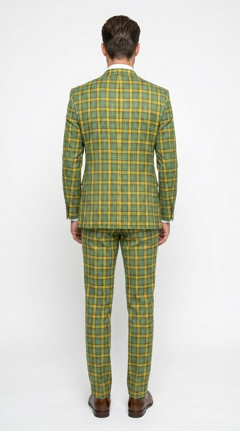Statement - Men’s Blue and Gold Windowpane Plaid 3 Piece Wool Suit with Double Breasted Vest Modern Fit