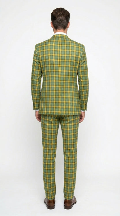 Statement - Men’s Blue and Gold Windowpane Plaid 3 Piece Wool Suit with Double Breasted Vest Modern Fit