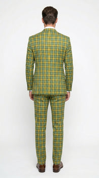 Men’s Blue and Gold Windowpane Plaid 3 Piece Wool Suit with Double Breasted Vest