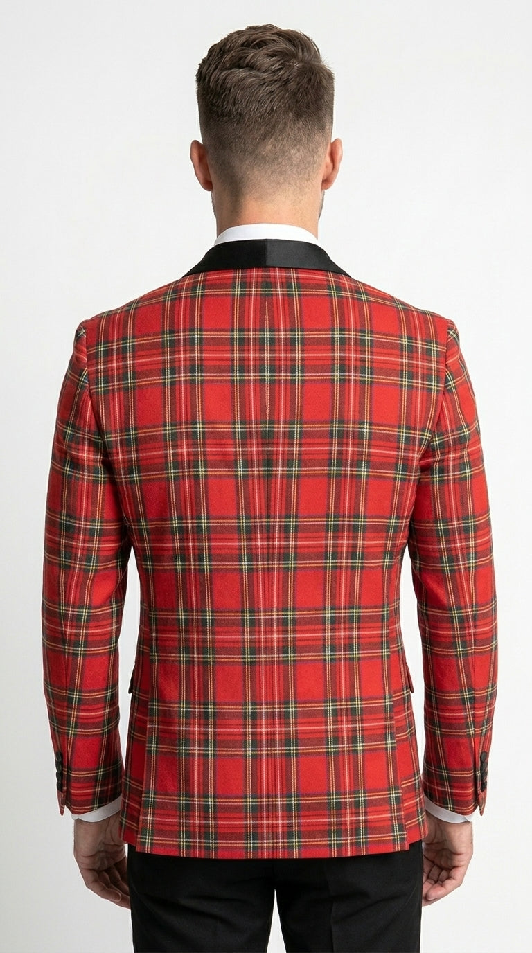 Men’s Red Tartan Plaid Tuxedo Jacket with Black Shawl Lapel, Holiday Christmas Wedding Prom Blazer