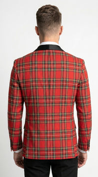 Men’s Red Tartan Plaid Tuxedo Jacket with Black Shawl Lapel, Holiday Christmas Wedding Prom Blazer