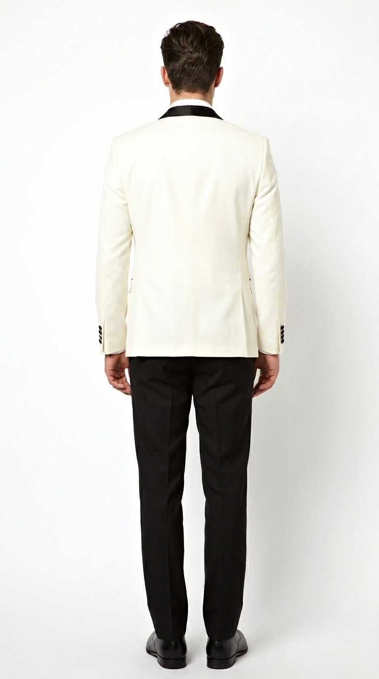 Men’s Ivory Cream Dinner Jacket Tuxedo with Black Shawl Lapel, White Blazer and Black Trouser Formal Suit for Weddings, Prom, Parties, and Special Occasions