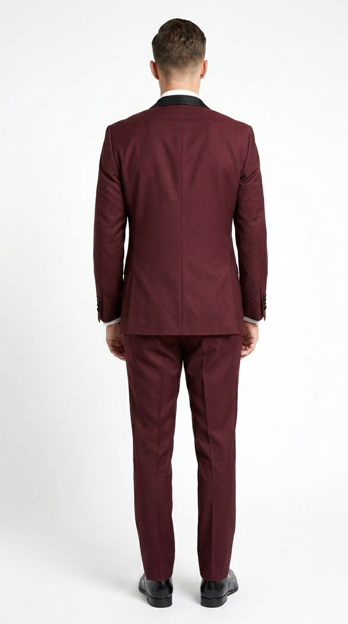 Men’s Burgundy Wine Tuxedo Suit with Black Peak Lapel, Jacket and Pants Formal Dinner Suit