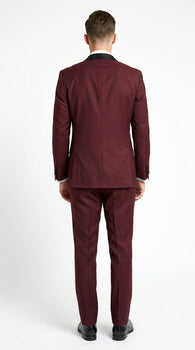 Men’s Burgundy Wine Tuxedo Suit with Black Peak Lapel, Jacket and Pants Formal Dinner Suit