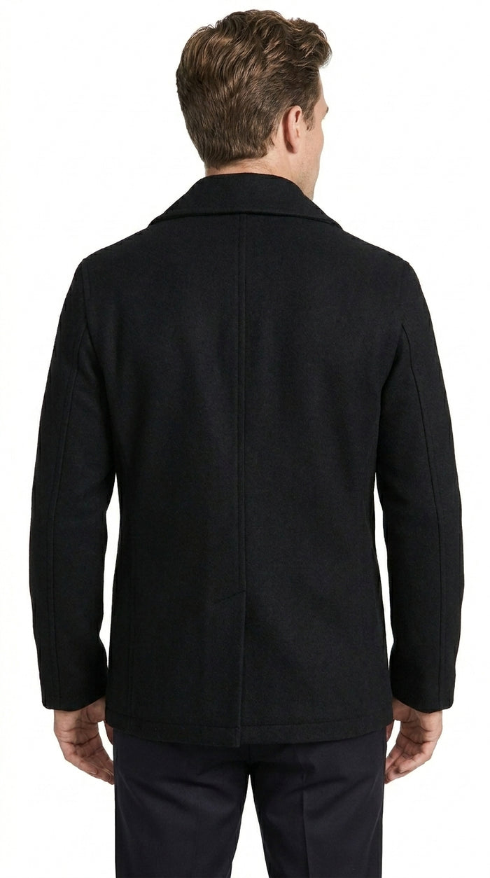 Men’s Black Big and Tall Wool Peacoat with Three Button Double Breasted Closure