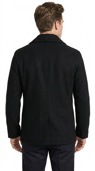 Men’s Black Big and Tall Wool Peacoat with Three Button Double Breasted Closure