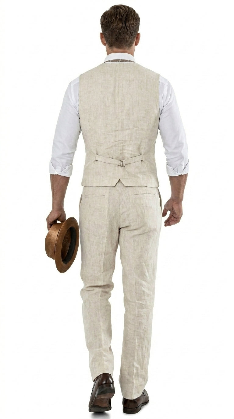 Men’s Beige Groomsmen Summer Vest and Pants Set, Beach Wedding Prom Formal Outfit