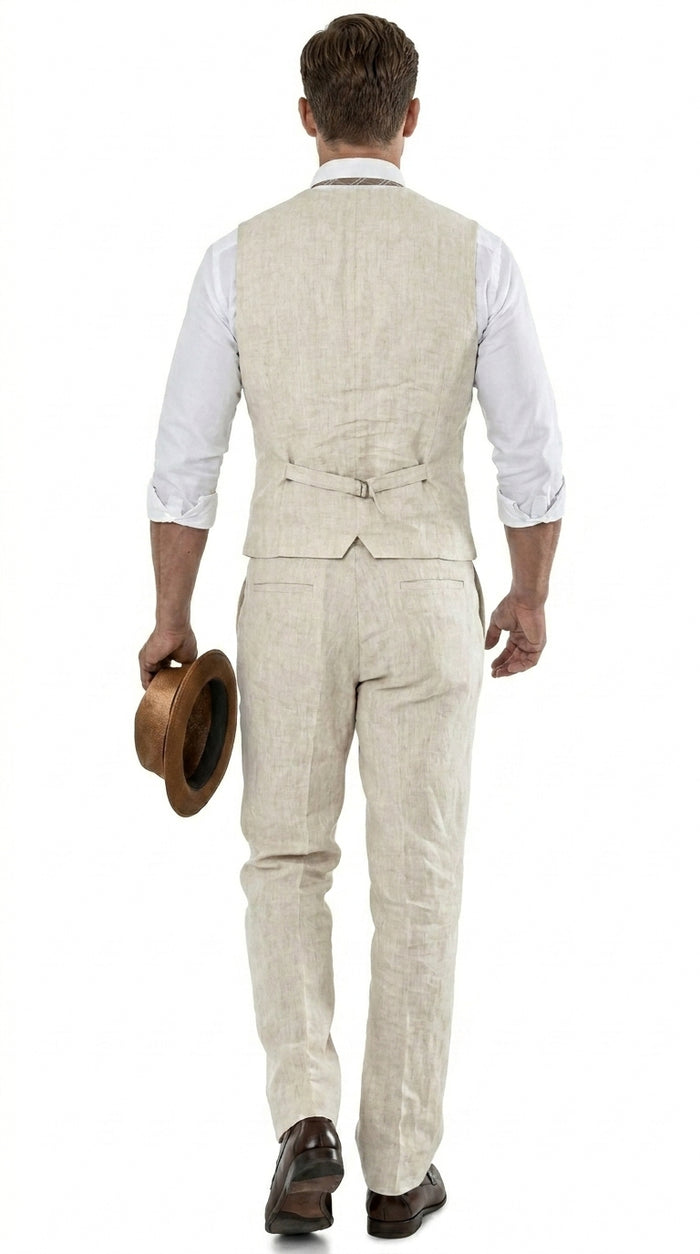 Men’s Beige Groomsmen Summer Vest and Pants Set, Beach Wedding Prom Formal Outfit