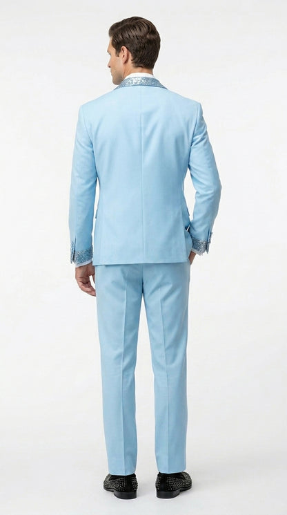 Men’s Baby Blue Prom Tuxedo with Vested Suit, Rhinestone Sequin Lapel and Matching Pants