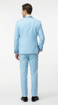 Men’s Baby Blue Prom Tuxedo with Vested Suit, Rhinestone Sequin Lapel and Matching Pants