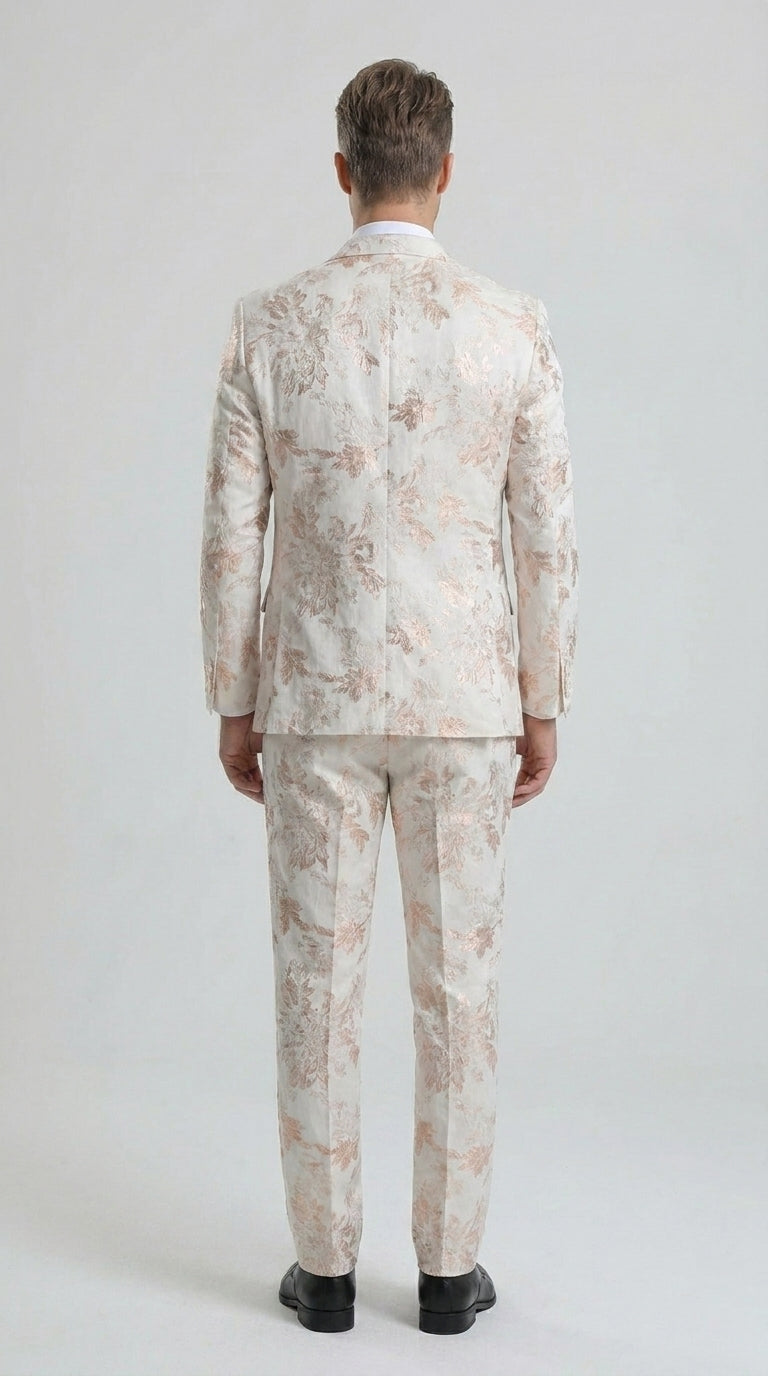 Men’s Gold and White Prom Suit with Floral Pattern Jacket, Matching Pants and Bow Tie Modern Fit