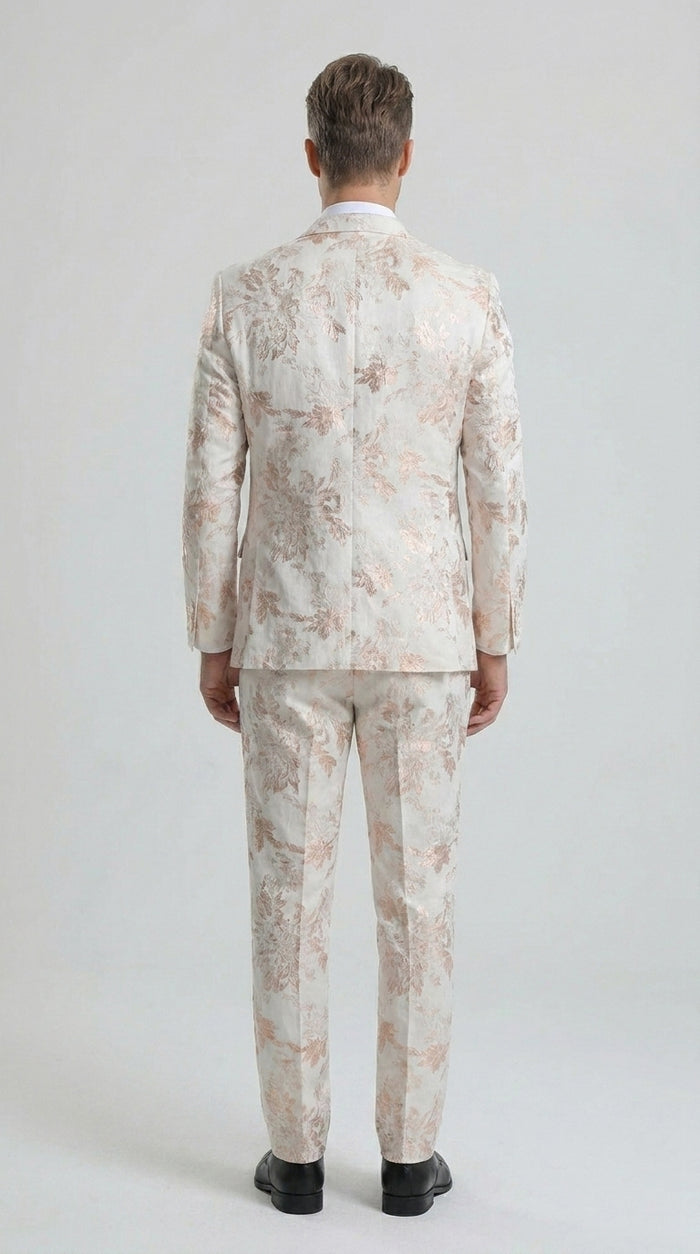 Men’s Gold and White Prom Suit with Floral Pattern Jacket, Matching Pants and Bow Tie Modern Fit