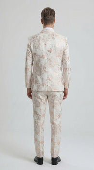 Men’s Gold and White Prom Suit with Floral Pattern Jacket, Matching Pants and Bow Tie