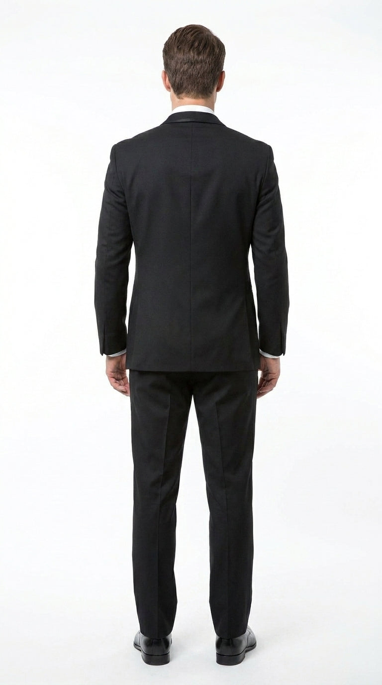 Men’s Black 2 Button Classic Vested Wedding Tuxedo with Satin Lapel and Matching Pants