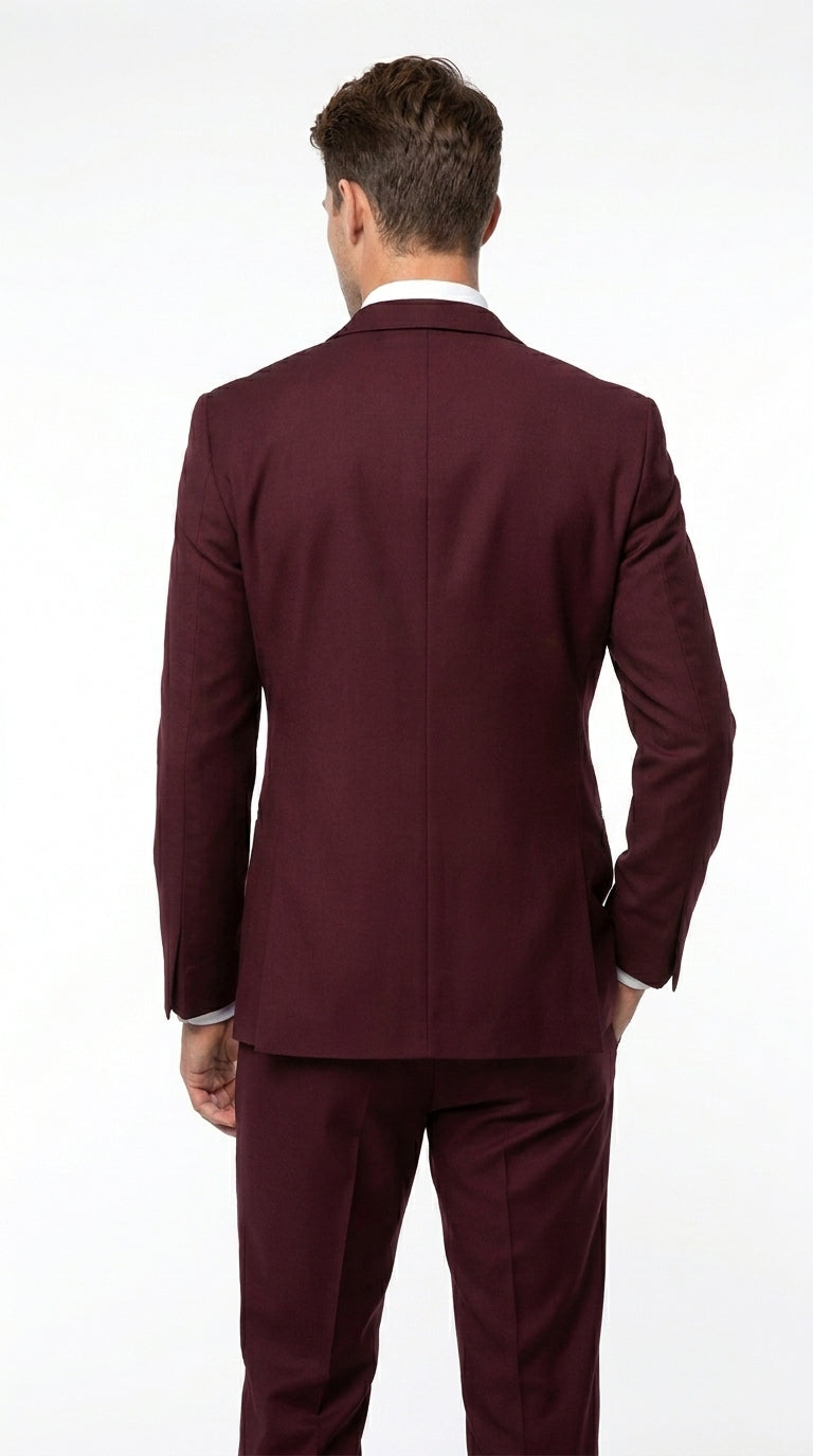 Men’s Burgundy Vested Wedding Tuxedo, One Button Jacket with Black Peak Lapel and Matching Pants