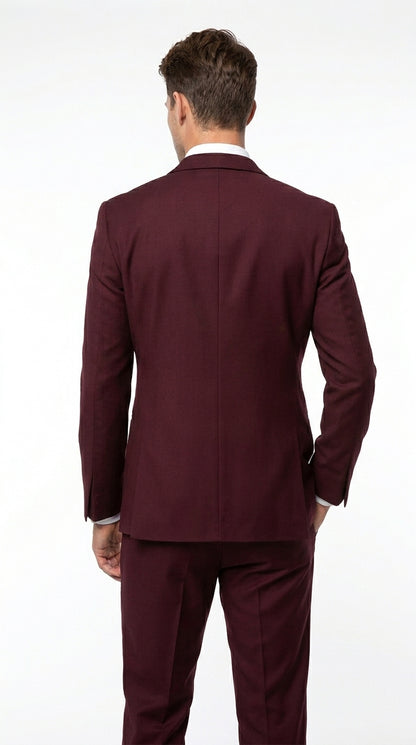 Men’s Burgundy Vested Wedding Tuxedo, One Button Jacket with Black Peak Lapel and Matching Pants