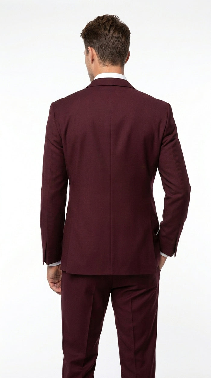 Men’s Burgundy Vested Wedding Tuxedo, One Button Jacket with Black Peak Lapel and Matching Pants