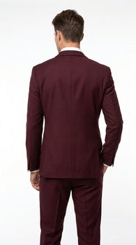 Men’s Burgundy Vested Wedding Tuxedo, One Button Jacket with Black Peak Lapel and Matching Pants