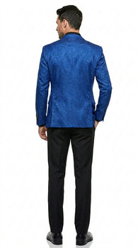 Men’s Royal Blue Indigo Paisley Prom Tuxedo Suit with Floral Jacket, Vest and Pants