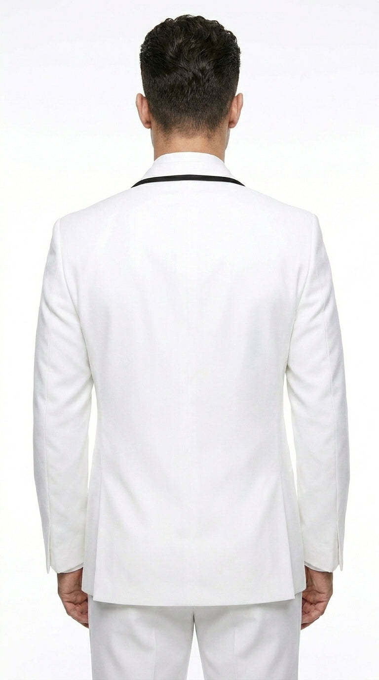 Men’s Waverly White 1 Button Shawl Tuxedo Jacket with Black Trim, Ike Evening Formal Blazer