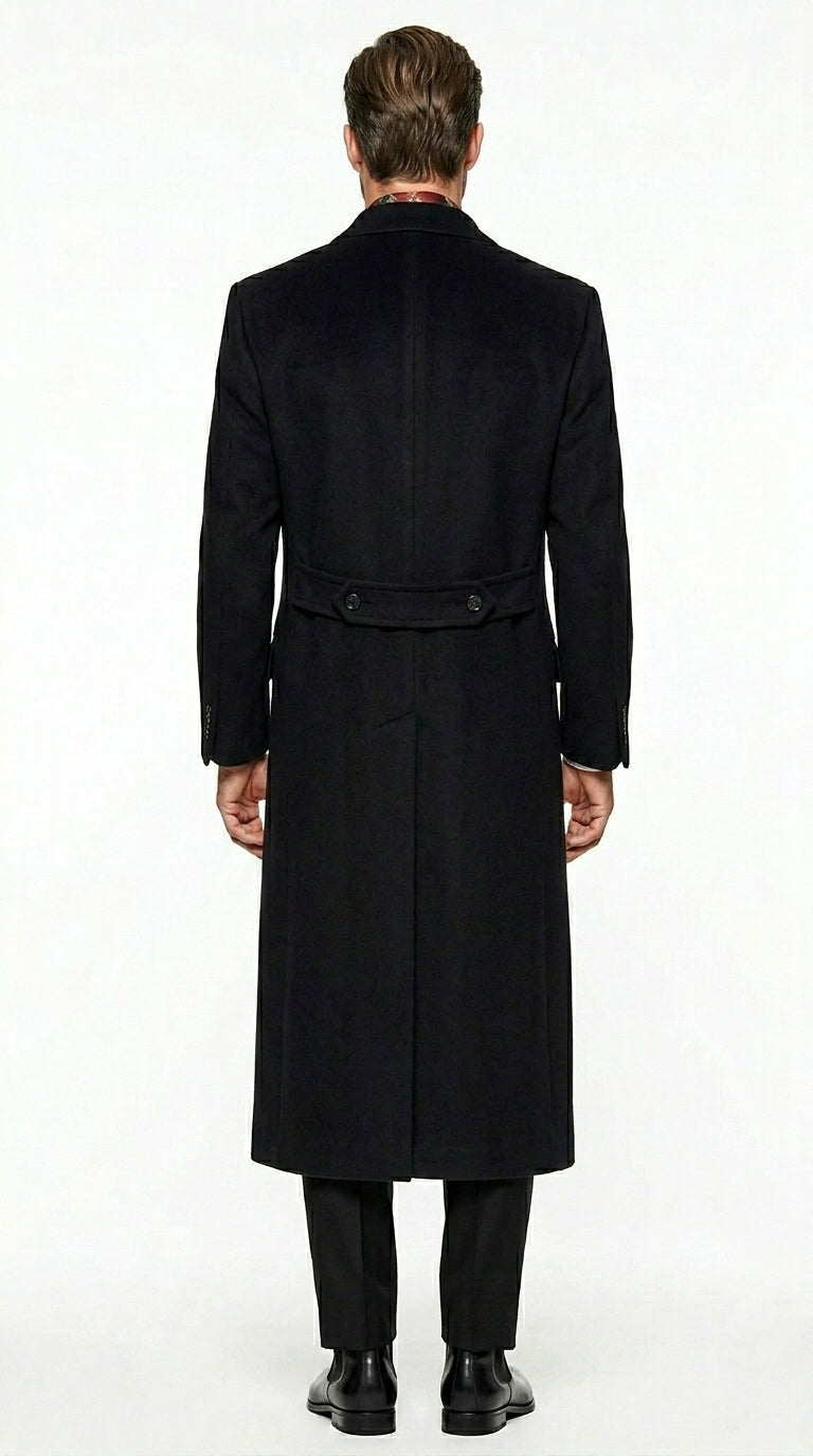 Men’s Black Six Button Fully Lined Overcoat, Long Winter Topcoat for Formal Business Wear