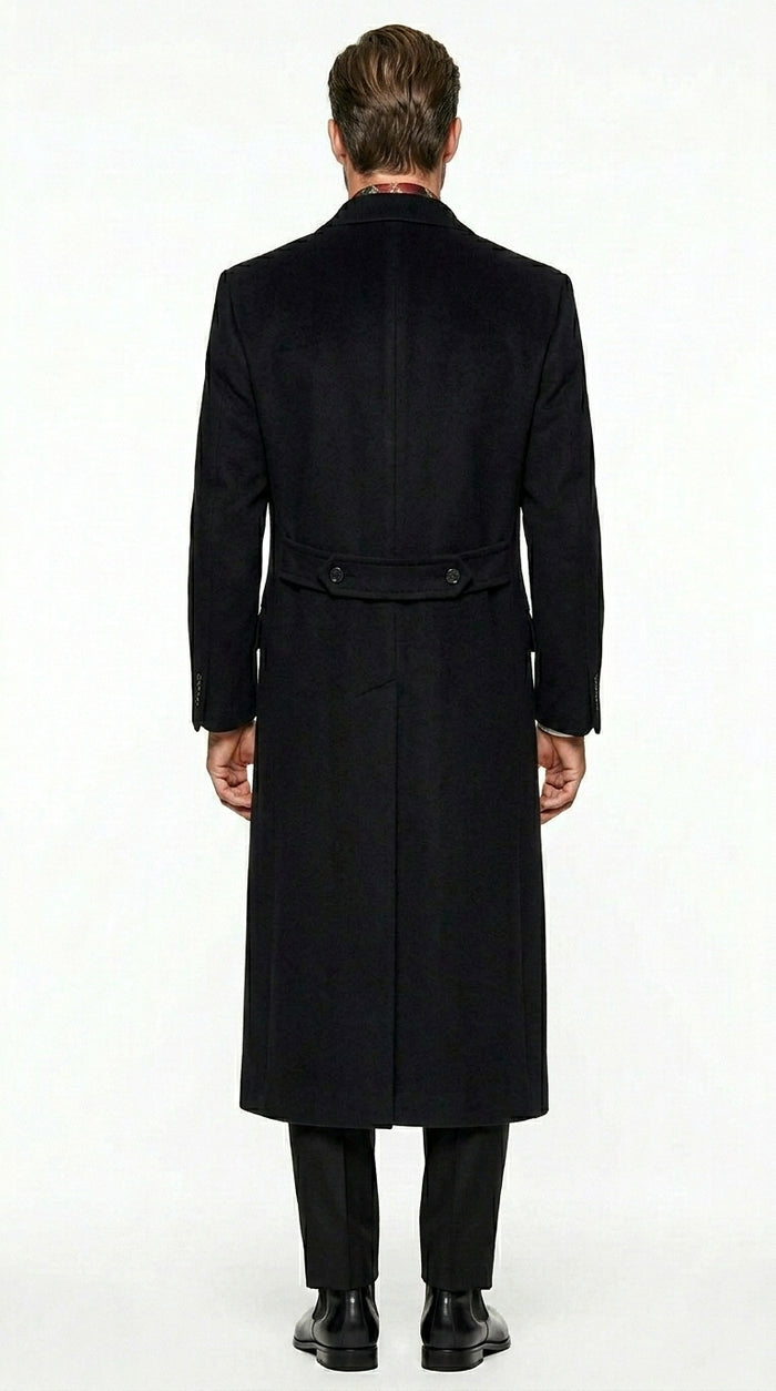 Men’s Black Six Button Fully Lined Overcoat, Long Winter Topcoat for Formal Business Wear