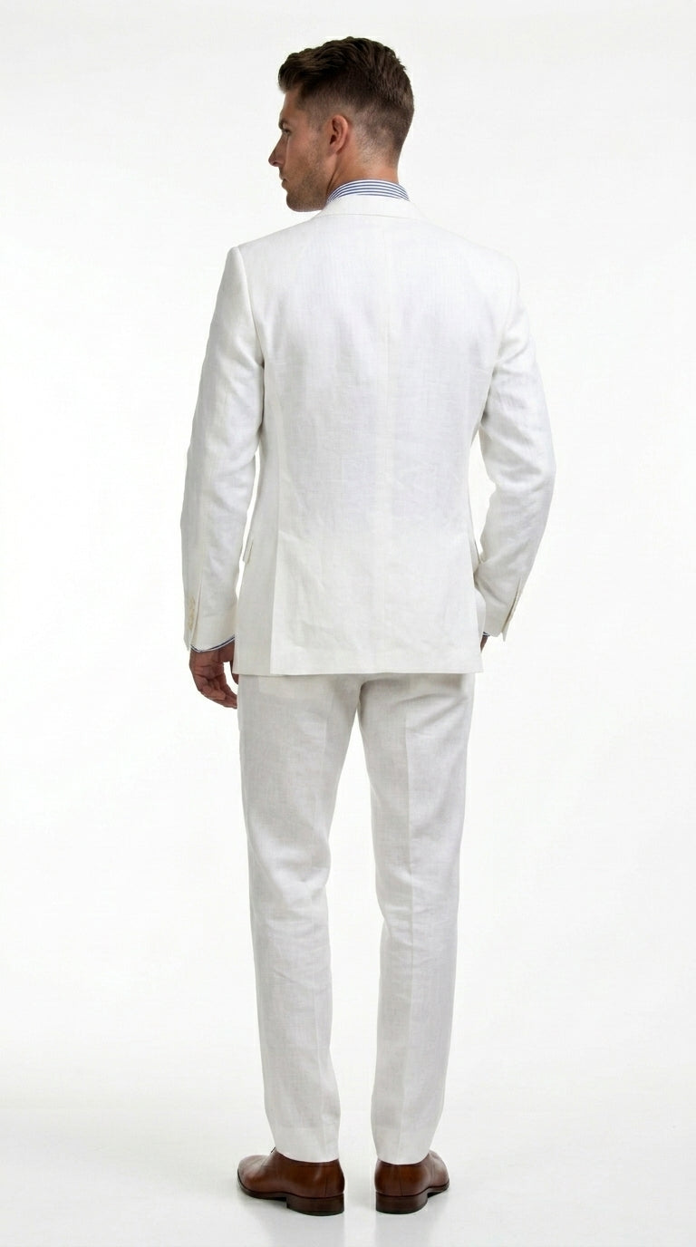Men’s White Lightweight Linen 2 Button Suit, Formal Wedding Beach Summer Suit Set