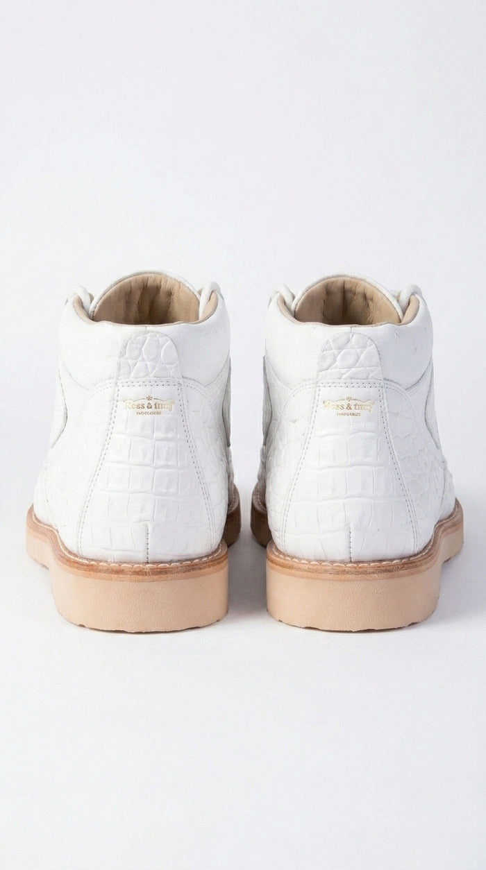 Los Altos Men’s White Caiman and Ostrich Skin Casual Sneakers, Exotic Leather Lace Up Shoes