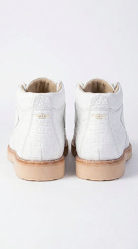 Los Altos Men’s White Caiman and Ostrich Skin Casual Sneakers, Exotic Leather Lace Up Shoes