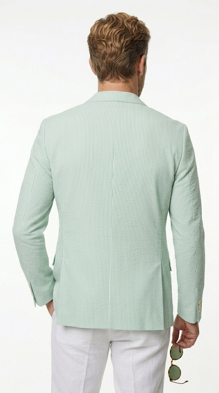 Men’s Green Seersucker Blazer, Lightweight Summer Wedding Business Casual Sport Coat Jacket