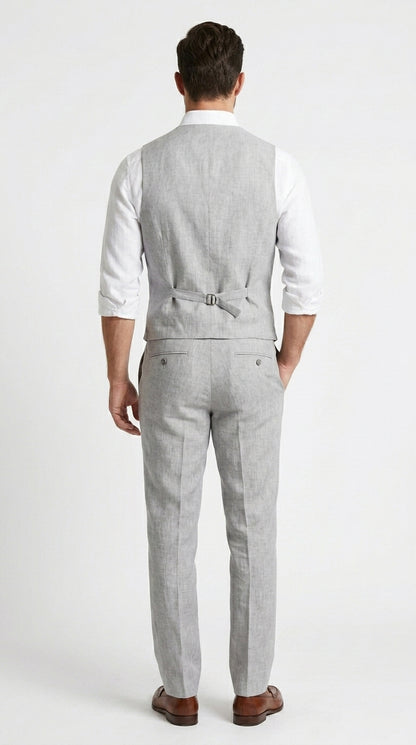 Men’s Light Grey Linen Vest and Pants Set, Beach Wedding Summer Formal Outfit