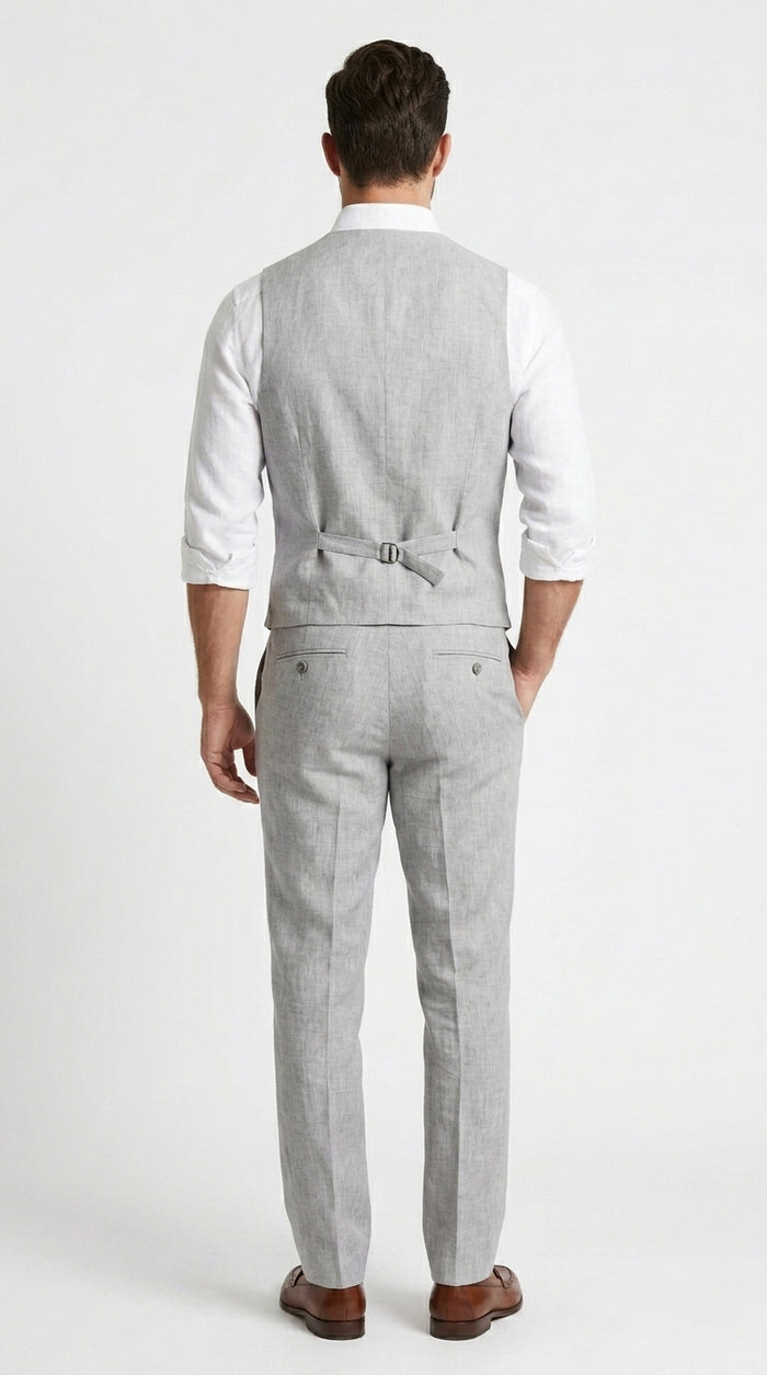 Men’s Light Grey Linen Vest and Pants Set, Beach Wedding Summer Formal Outfit