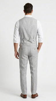 Men’s Light Grey Linen Vest and Pants Set, Beach Wedding Summer Formal Outfit