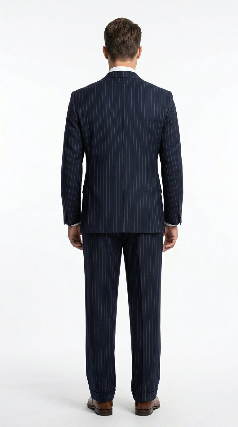 Men’s Dark Navy Blue Pinstripe Double Breasted Suit, Formal Business Wedding Dress Suit Set
