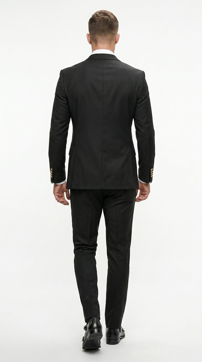 Men’s Black Double Breasted Wool Suit with Gold Buttons, Designer Formal Wedding Business Suit Set Modern Fit