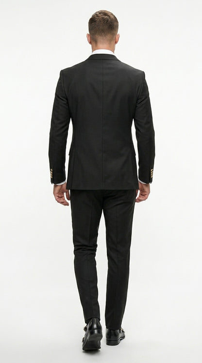 Men’s Black Double Breasted Wool Suit with Gold Buttons, Designer Formal Wedding Business Suit Set Modern Fit