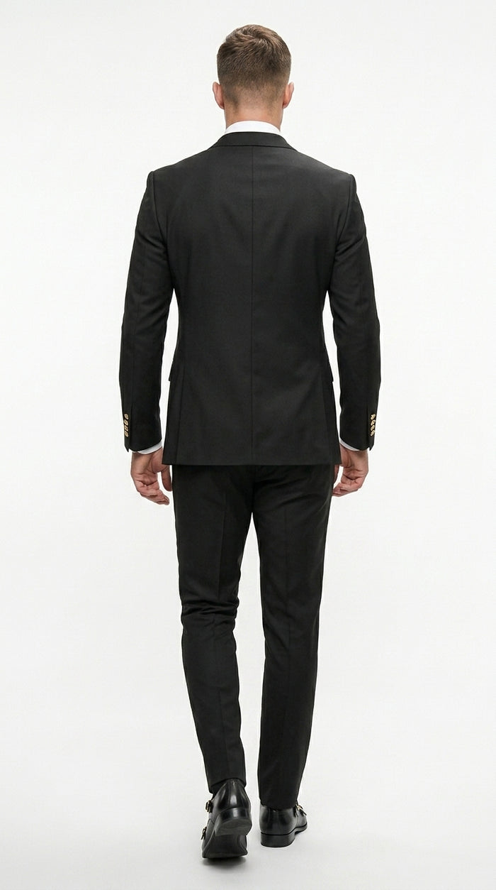 Men’s Black Double Breasted Wool Suit with Gold Buttons, Designer Formal Wedding Business Suit Set Modern Fit