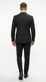 Men’s Black Double Breasted Wool Suit with Gold Buttons, Designer Formal Wedding Business Suit Set