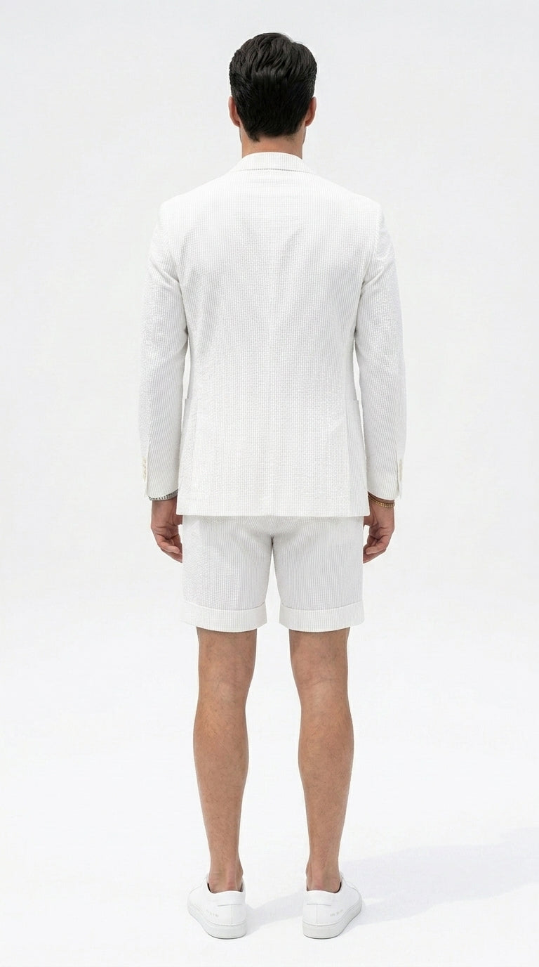 Men’s White Seersucker Suit with Shorts, Summer Wedding Beach Casual Mini Pinstripe Suit Set Modern Fit