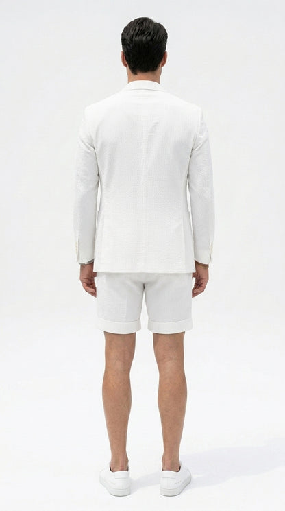 Men’s White Seersucker Suit with Shorts, Summer Wedding Beach Casual Mini Pinstripe Suit Set Modern Fit