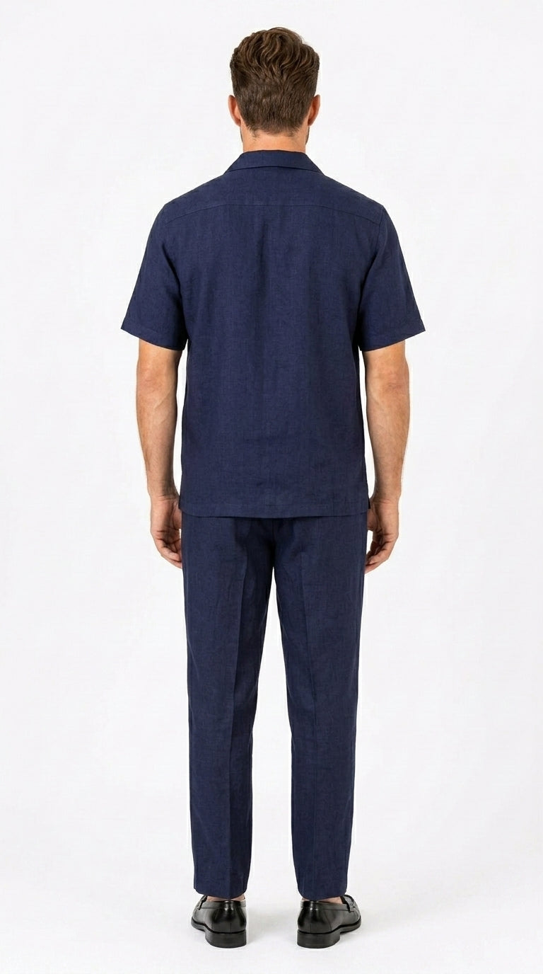 Men’s Dark Navy Linen Short Sleeve Walking Suit, Casual 2 Piece Shirt and Pleated Pants Set
