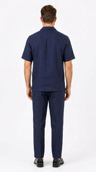 Men’s Dark Navy Linen Short Sleeve Walking Suit, Casual 2 Piece Shirt and Pleated Pants Set
