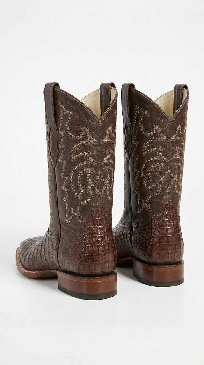 Men’s Brown Caiman Square Toe Cowboy Boots, Exotic Western Dress Boots for Rodeo and Country Wear