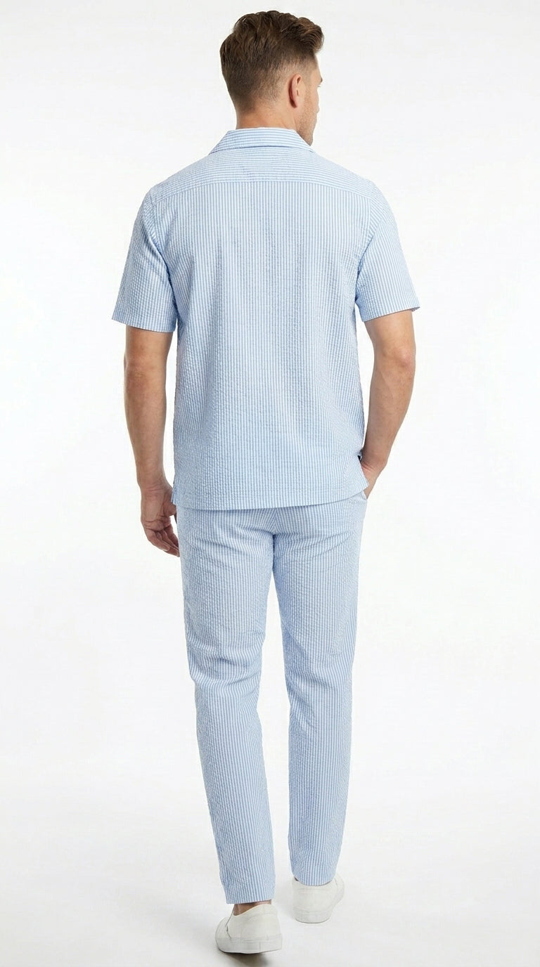 Men’s Blue Seersucker 2 Piece Walking Set, Short Sleeve Shirt and Pants Summer Outfit