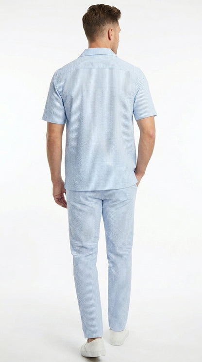 Men’s Blue Seersucker 2 Piece Walking Set, Short Sleeve Shirt and Pants Summer Outfit