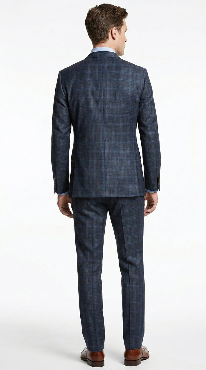 Men’s Charcoal Grey and Blue Plaid 3 Piece Vested Suit, Formal Wedding Business Dress Suit Set