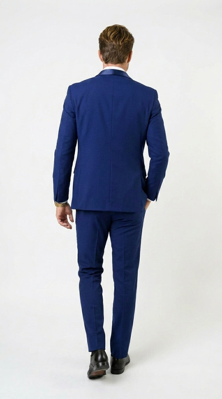 Men’s Bright Sapphire Blue 1 Button Shawl Lapel Vested Tuxedo, Formal Wedding Prom Dinner Suit Set