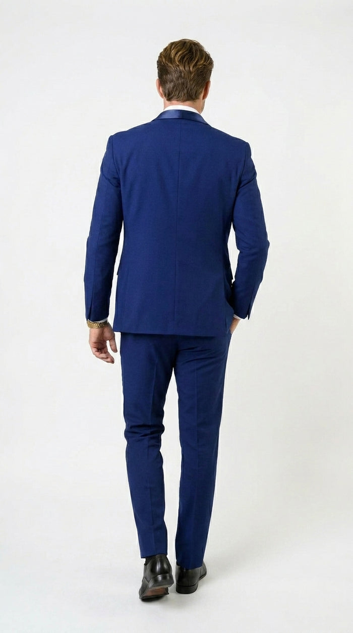Men’s Bright Sapphire Blue 1 Button Shawl Lapel Vested Tuxedo, Formal Wedding Prom Dinner Suit Set